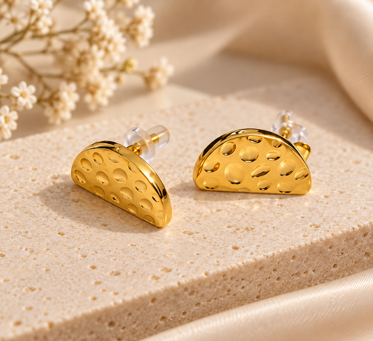 Gold-Tone Textured Half-Moon Stud Earrings