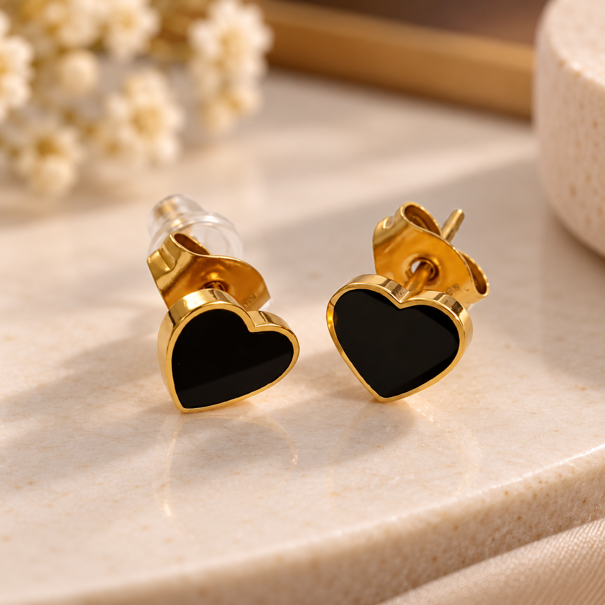 Black Enamel Heart Stud Earrings