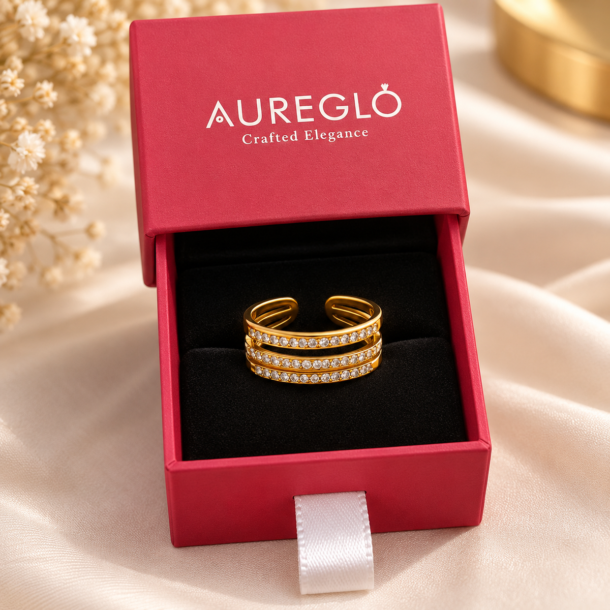 Triple Line Pavé Open Ring