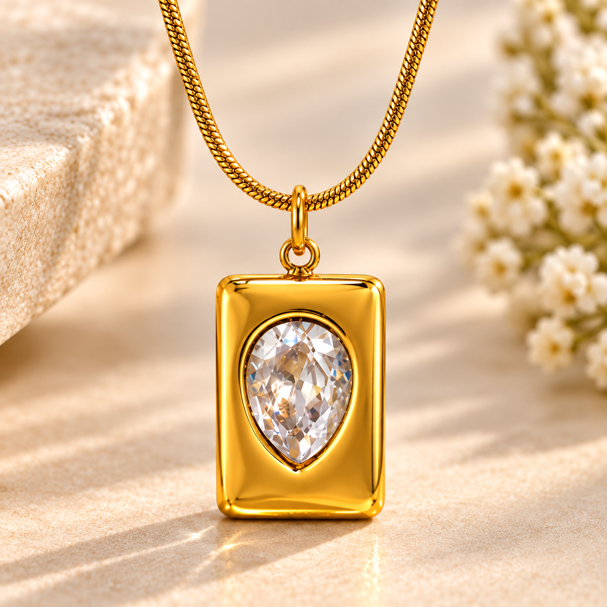 Gold Rectangle Glass Stone Pendant Necklace