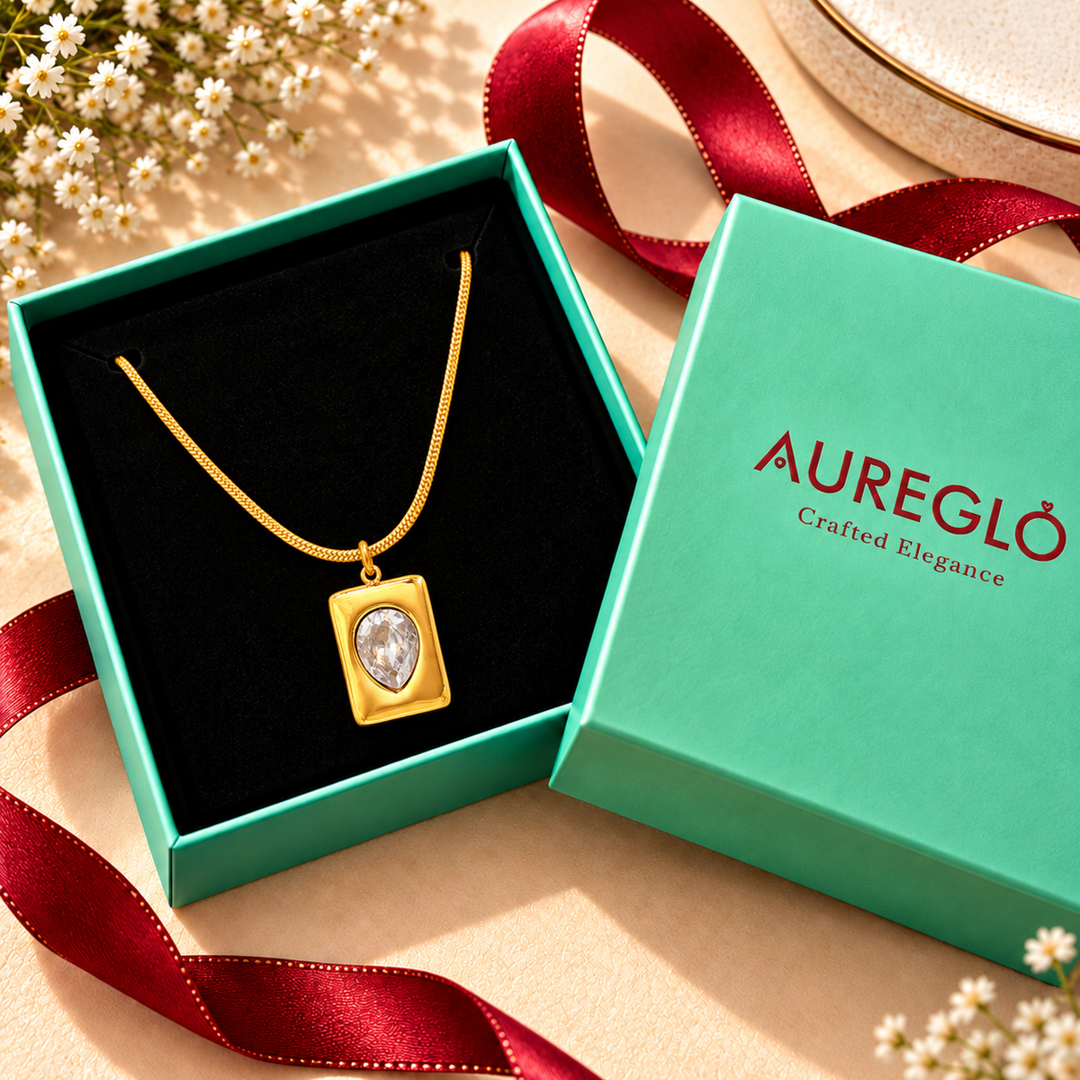 Gold Rectangle Glass Stone Pendant Necklace