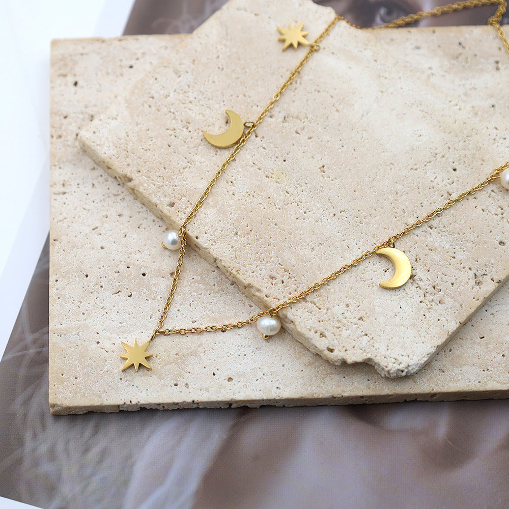 Gold Celestial Moon & Star Pearl Necklace