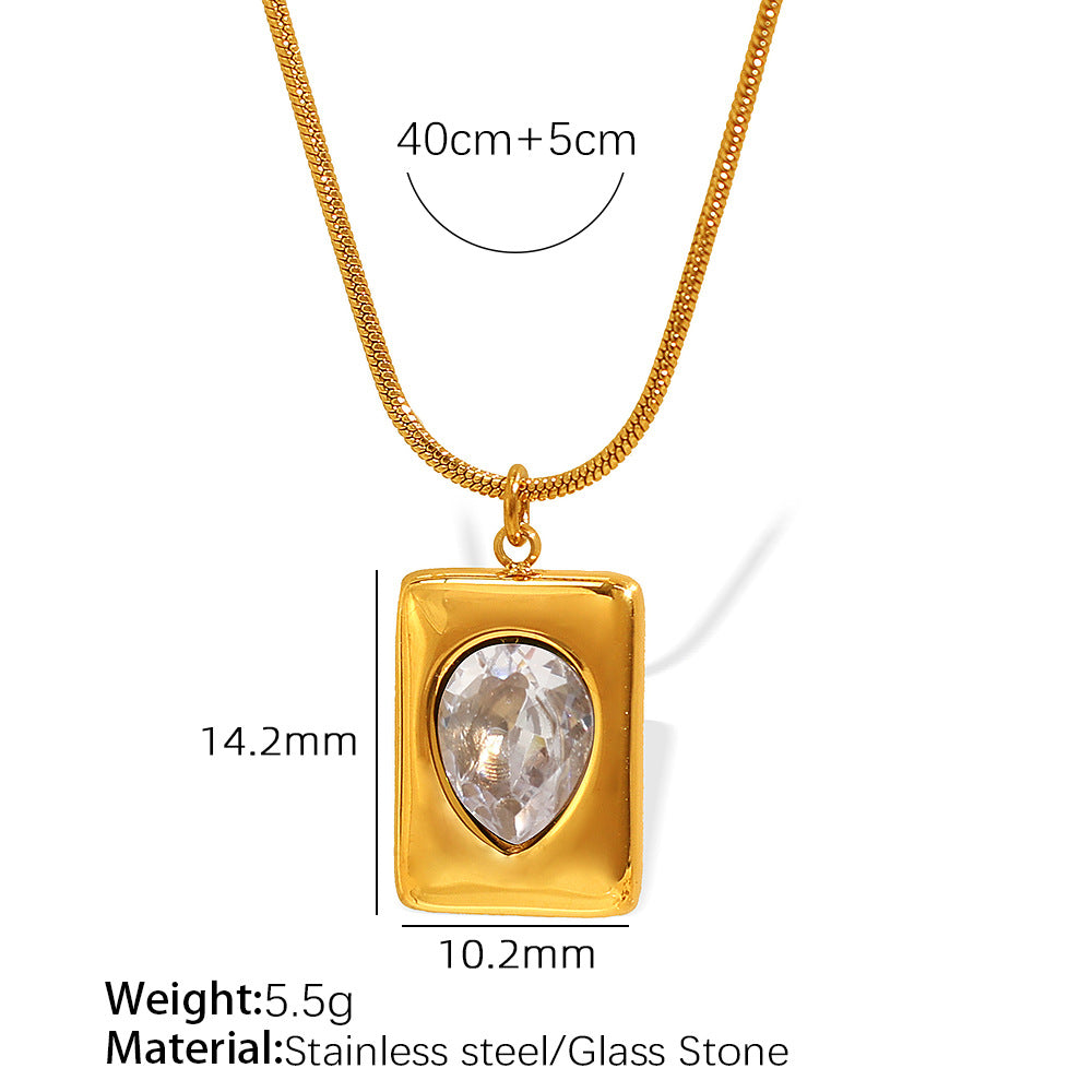 Gold Rectangle Glass Stone Pendant Necklace