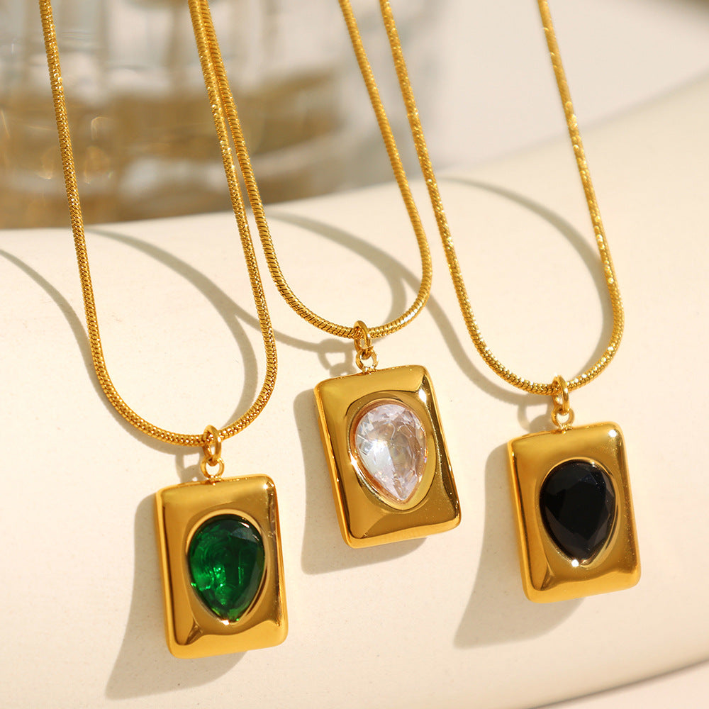 Gold Rectangle Glass Stone Pendant Necklace