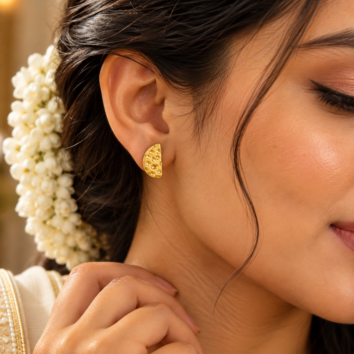 Gold-Tone Textured Half-Moon Stud Earrings