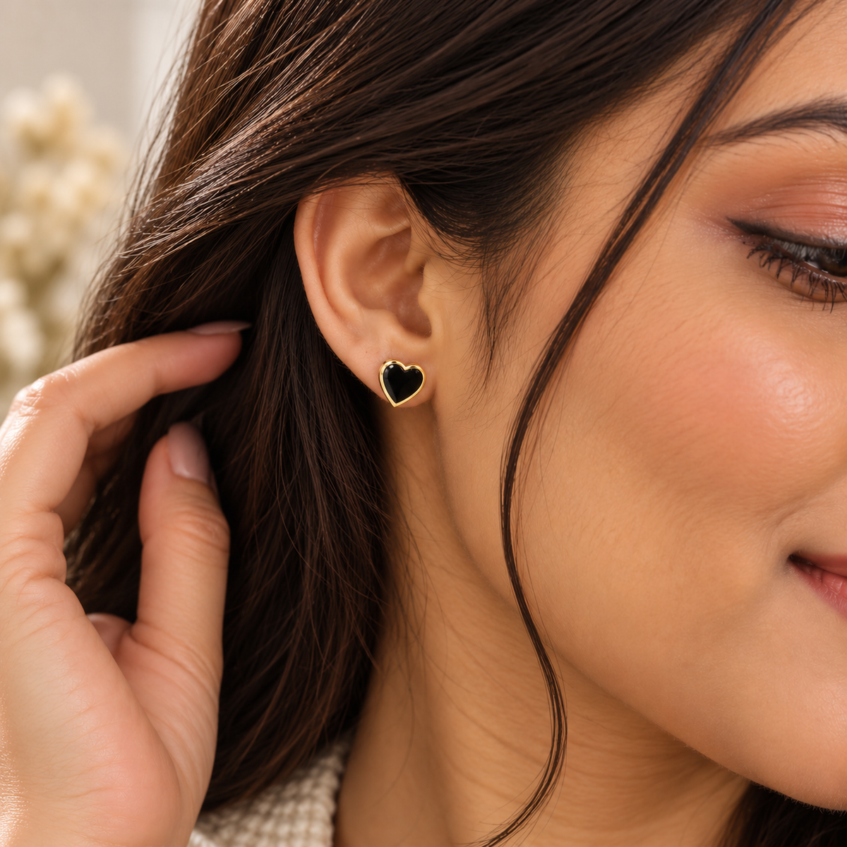 Black Enamel Heart Stud Earrings
