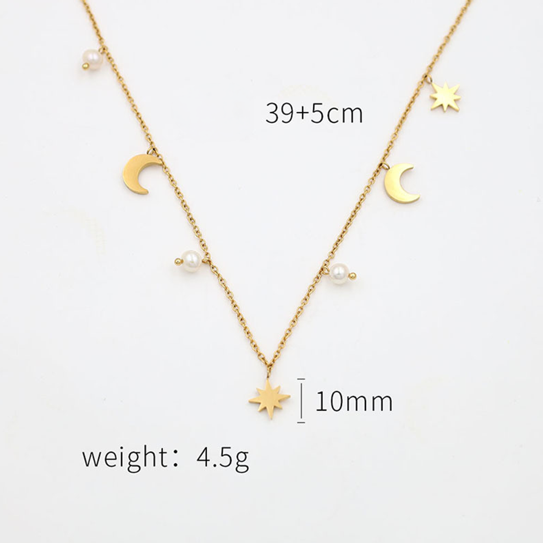 Gold Celestial Moon & Star Pearl Necklace