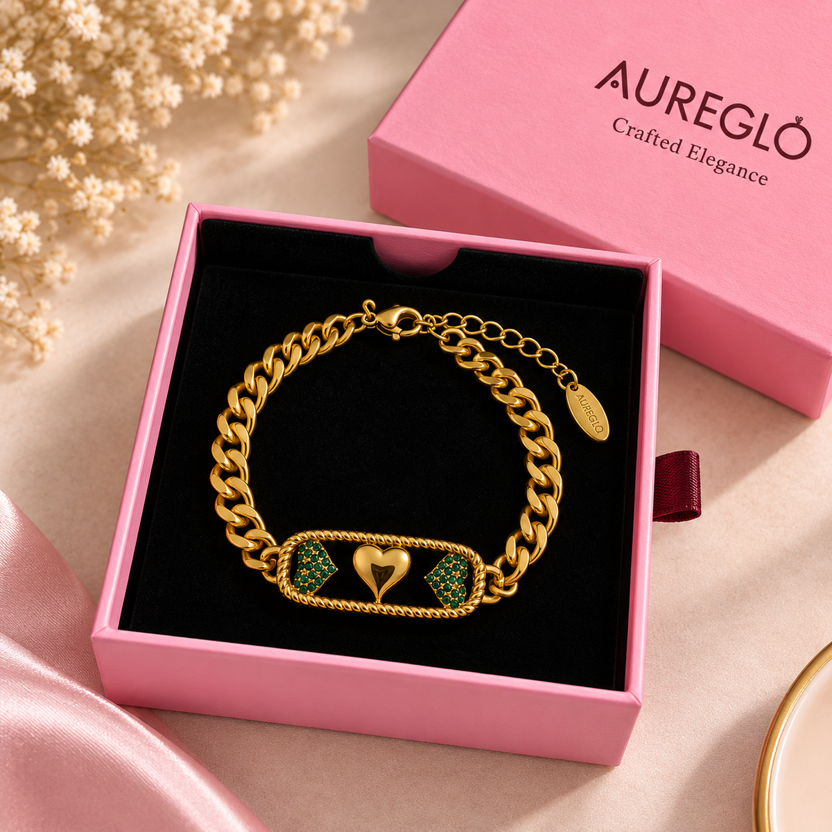Emerald Heart Cuban Chain Bracelet