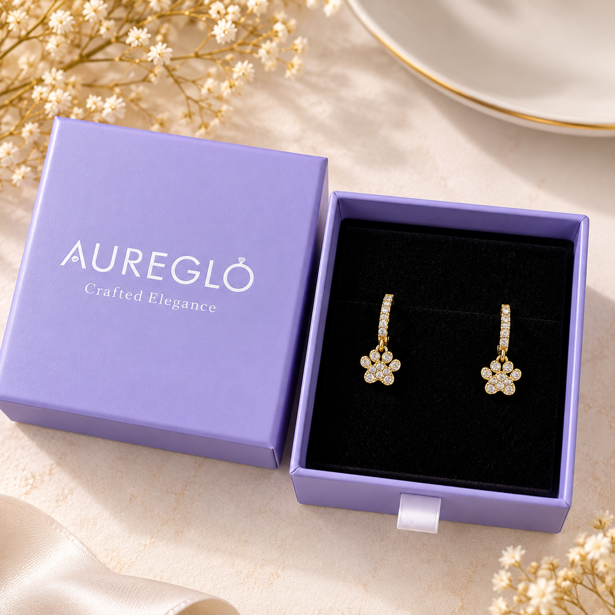 Pavé Paw Huggie Drop Earrings