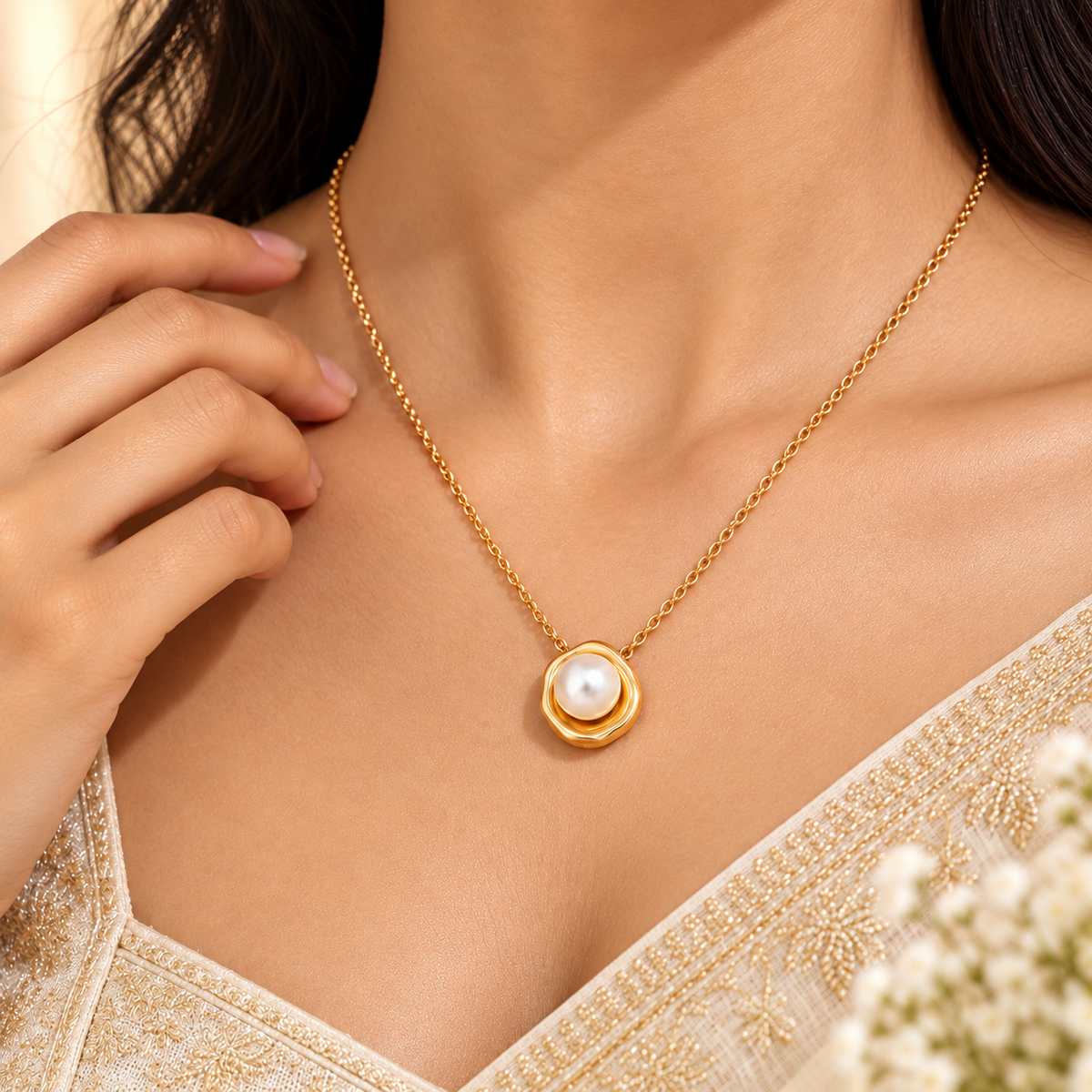 Gold Pearl Swirl Pendant Necklace