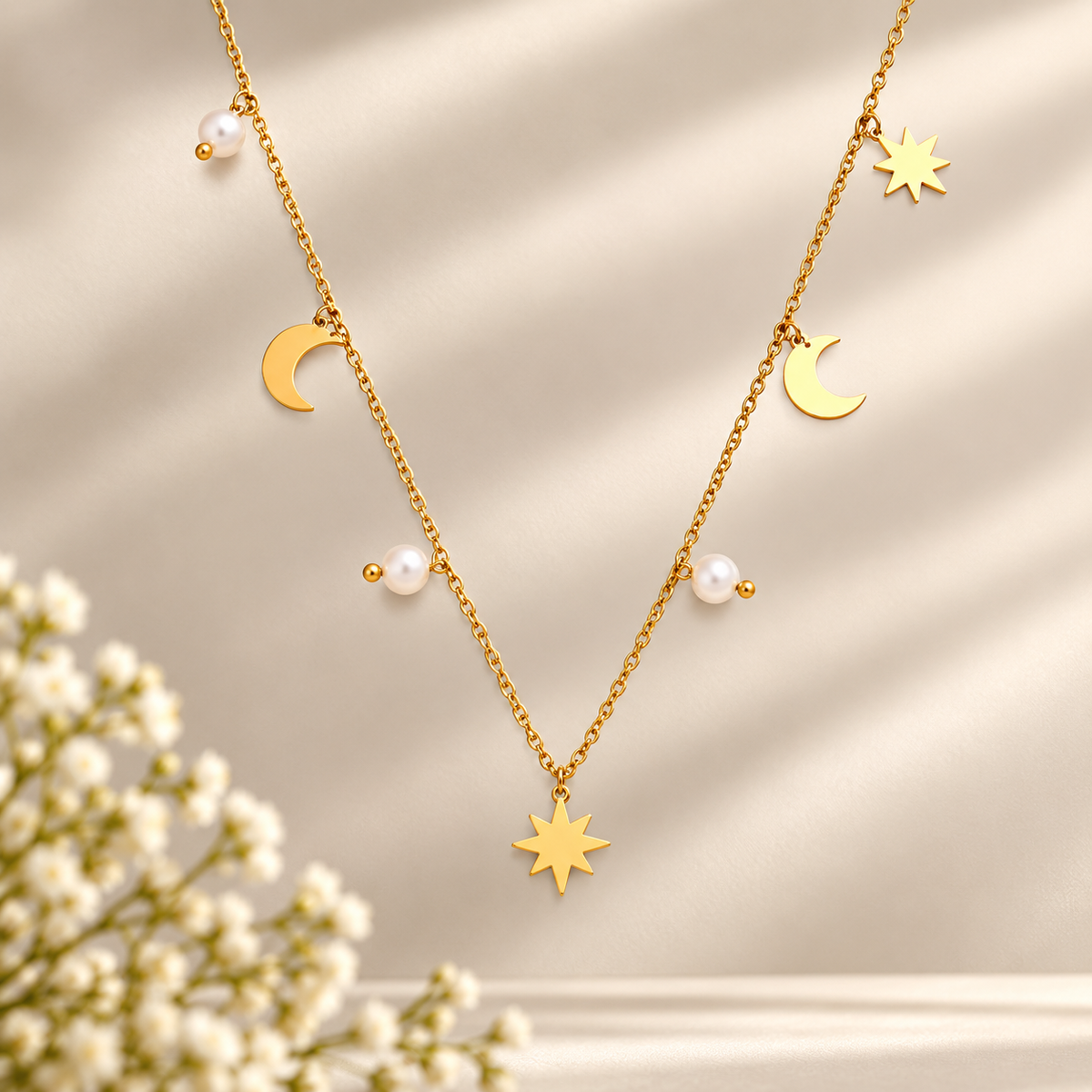 Gold Celestial Moon & Star Pearl Necklace