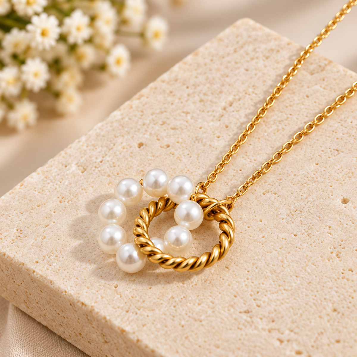 Gold Interlocking Pearl & Twist Ring Necklace