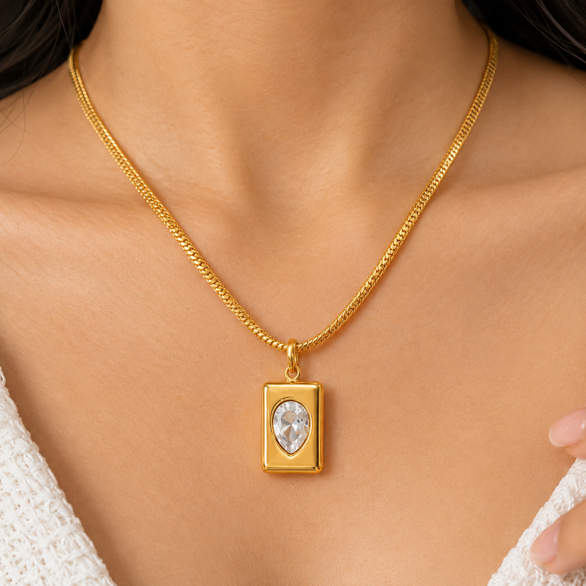 Gold Rectangle Glass Stone Pendant Necklace