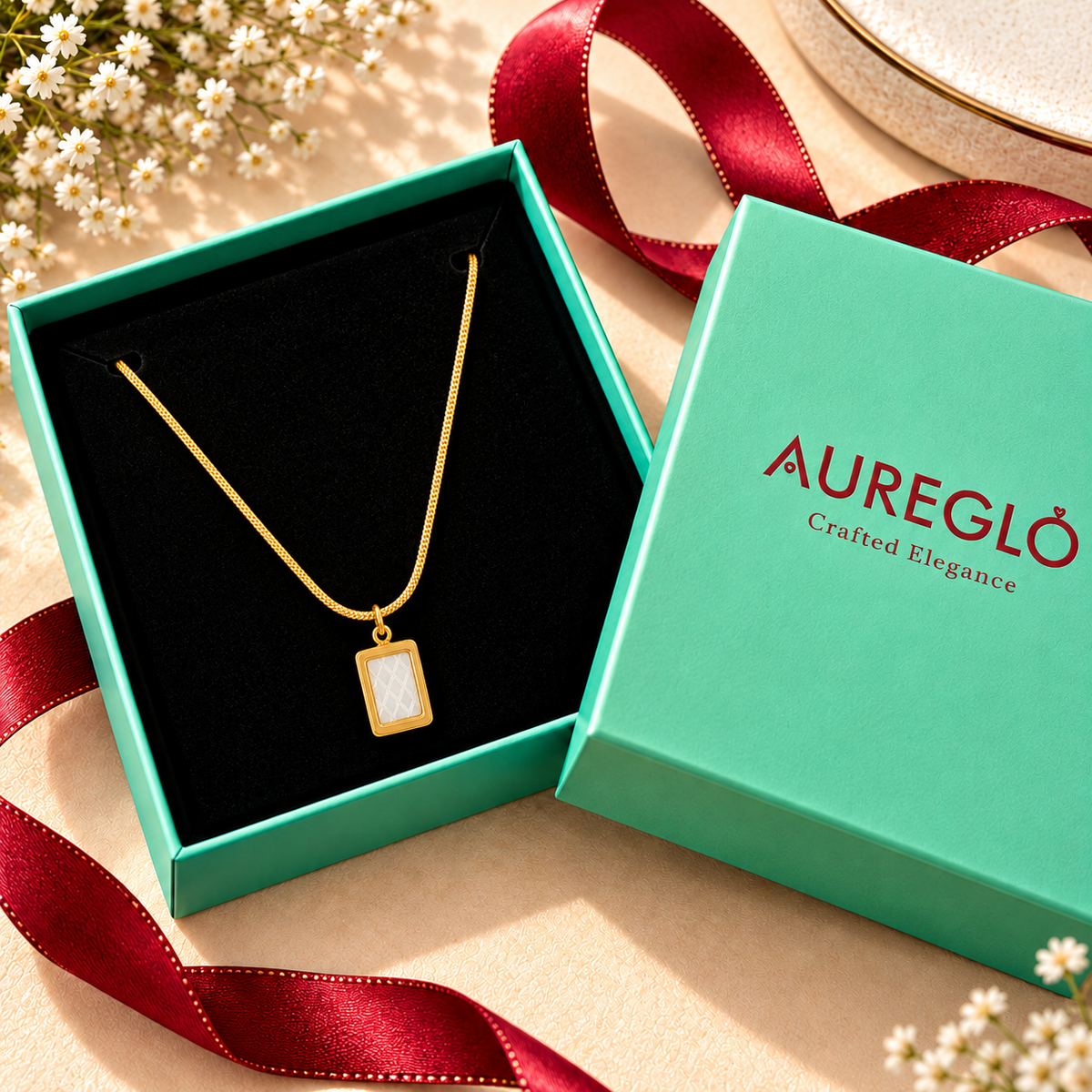 Gold Rectangle White Shell Pendant Necklace