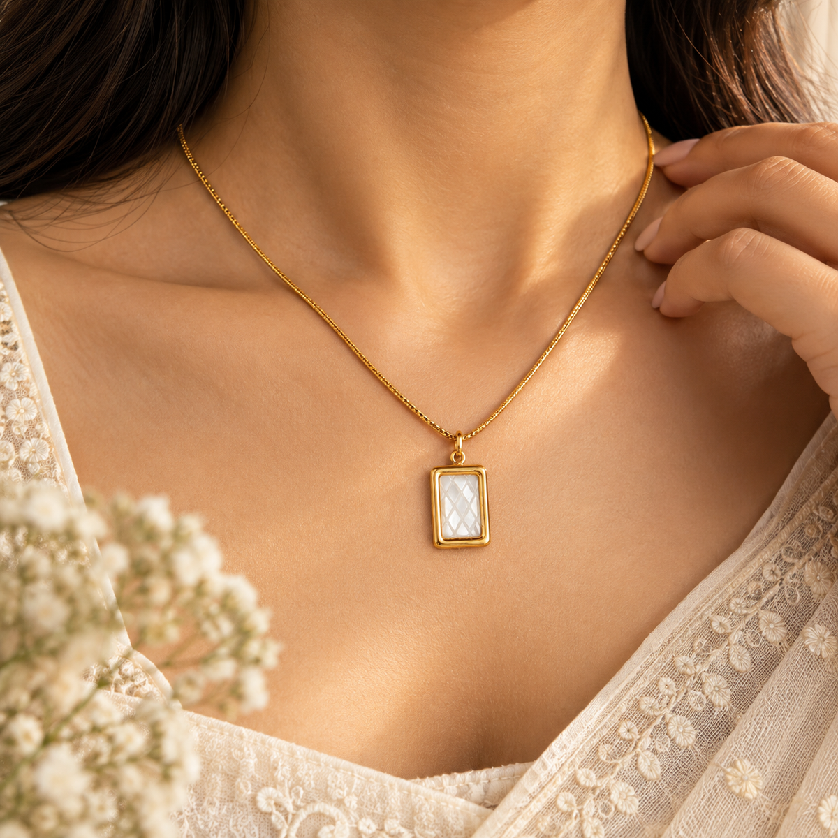 Gold Rectangle White Shell Pendant Necklace