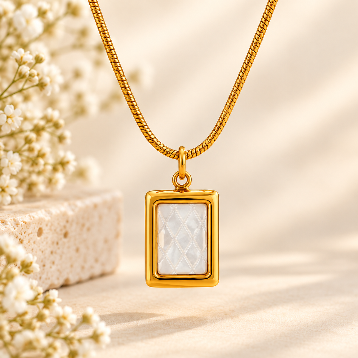 Gold Rectangle White Shell Pendant Necklace