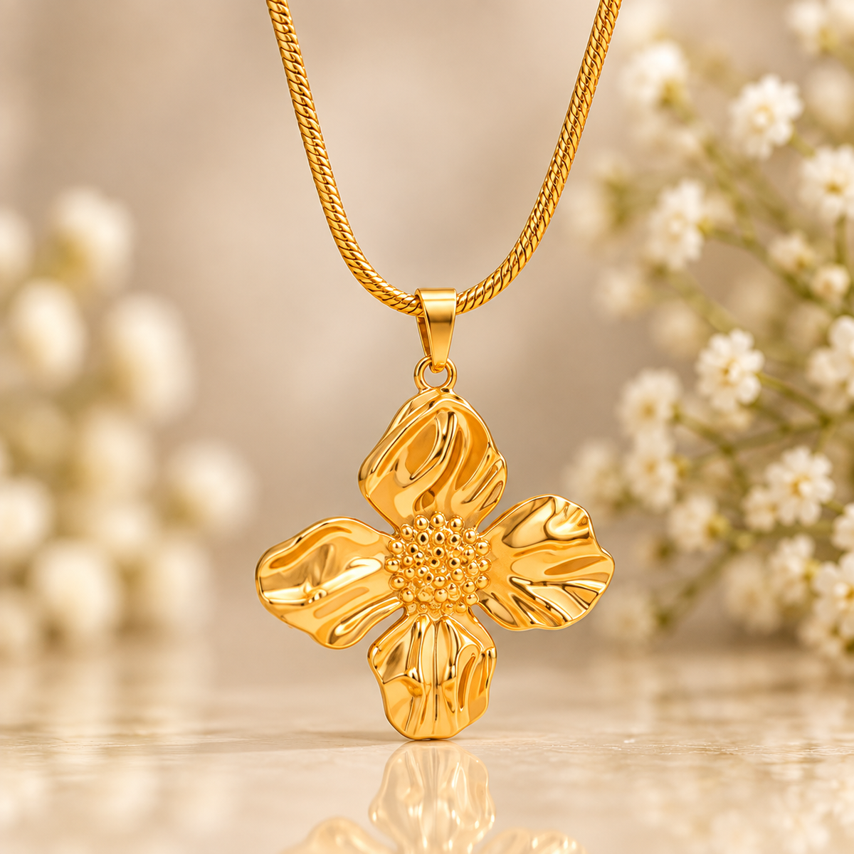 Golden Bloom Floral Pendant Necklace