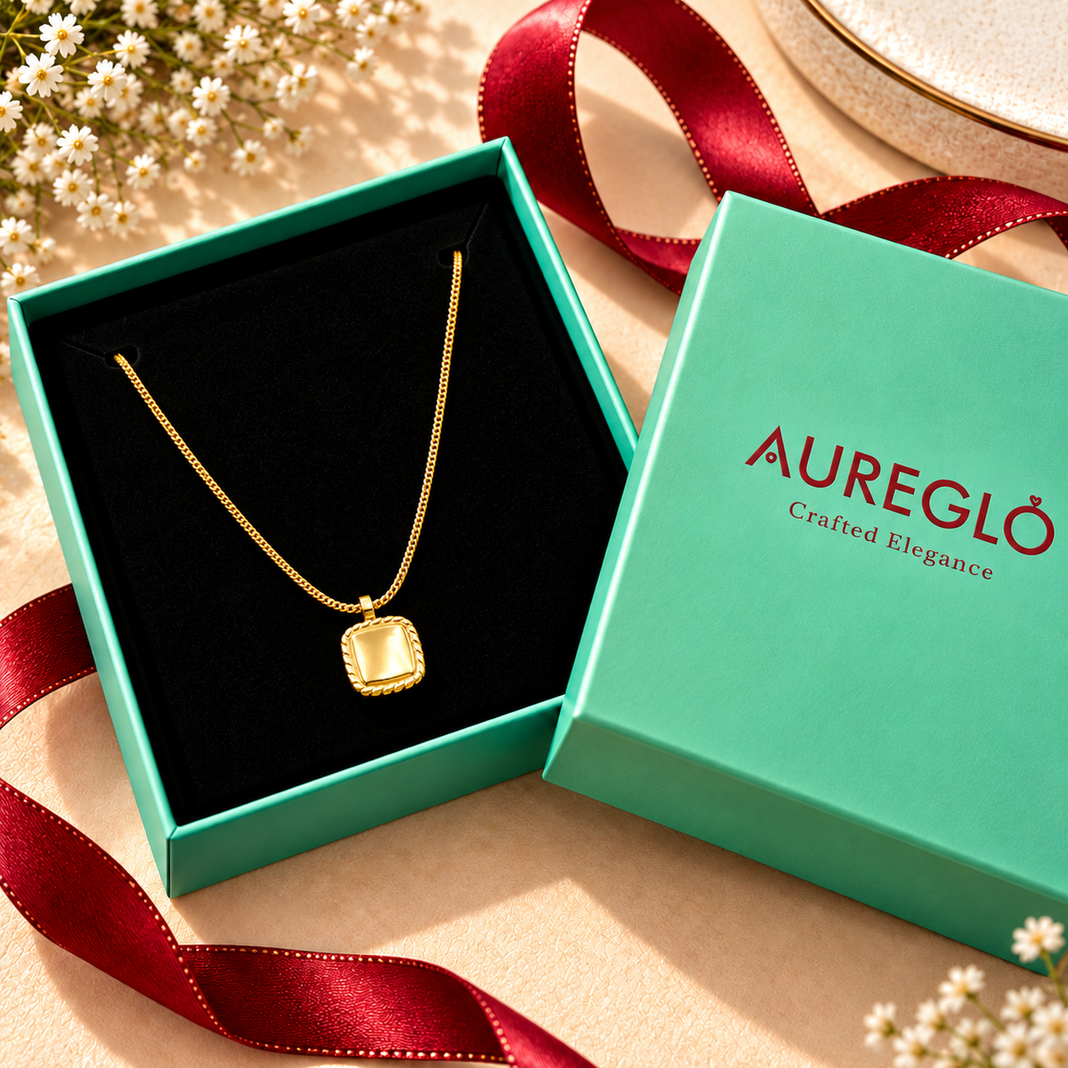Classic Rope-Edge Square Pendant Necklace