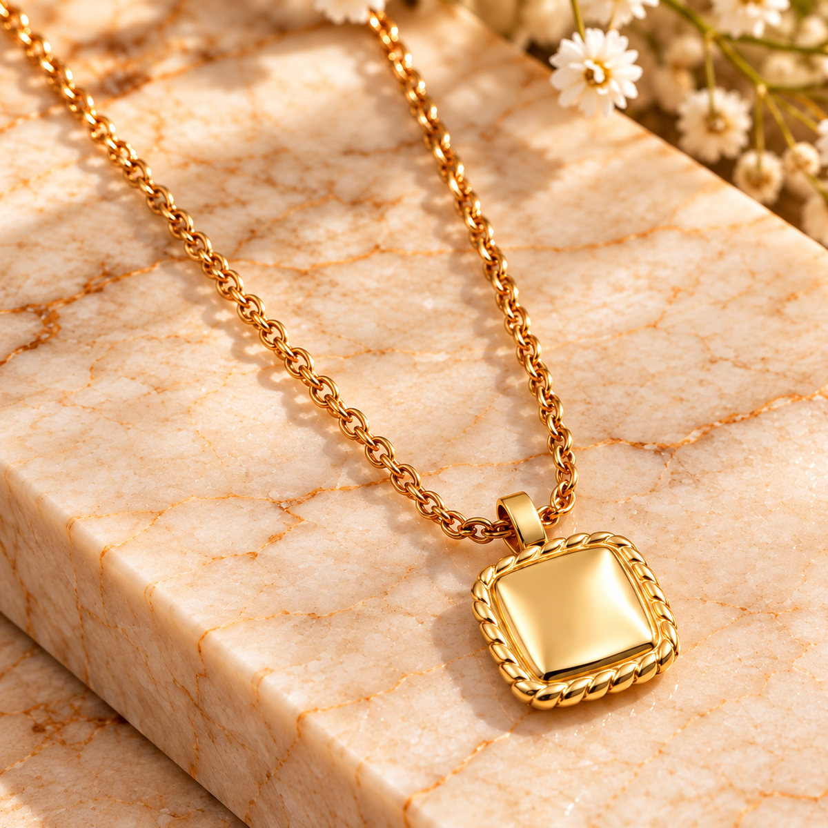 Classic Rope-Edge Square Pendant Necklace
