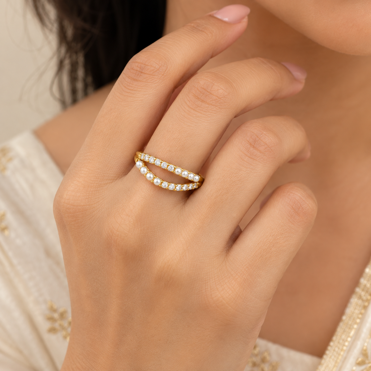 Double-Row Pearl & Crystal Ring
