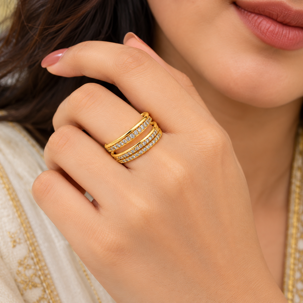 Triple Line Pavé Open Ring