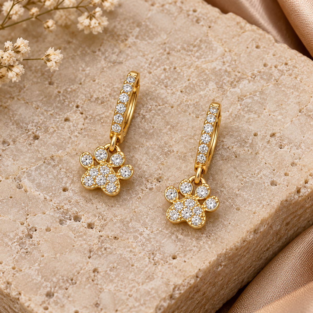 Pavé Paw Huggie Drop Earrings