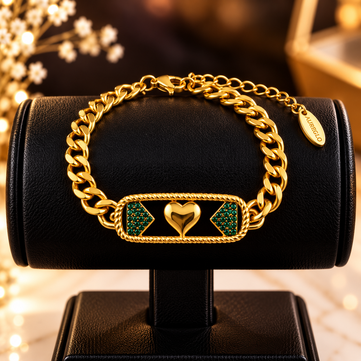 Emerald Heart Cuban Chain Bracelet
