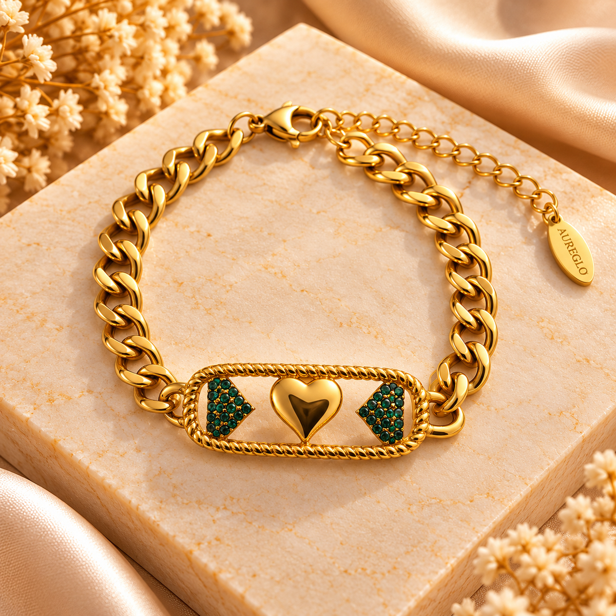 Emerald Heart Cuban Chain Bracelet