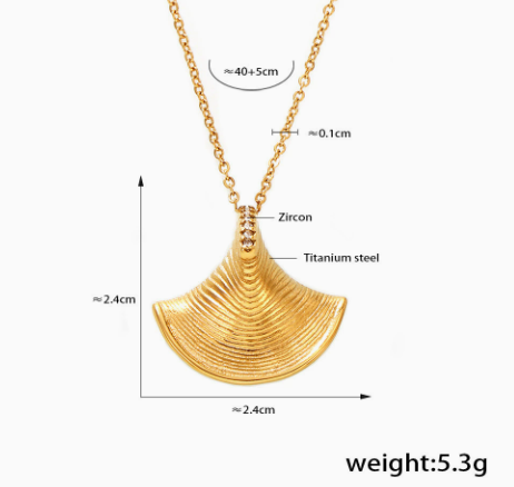 Gold pendant necklace with dimension measurements, labeled with materials including zircon and titanium steel, on a white background.