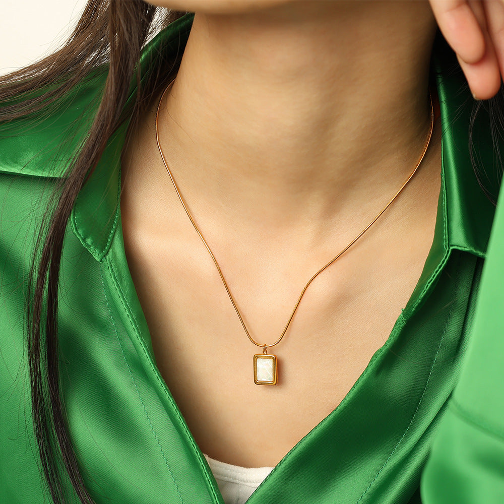 Gold Rectangle White Shell Pendant Necklace