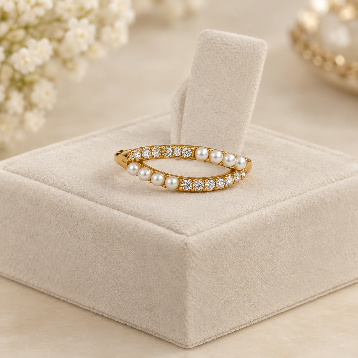 Double-Row Pearl & Crystal Ring