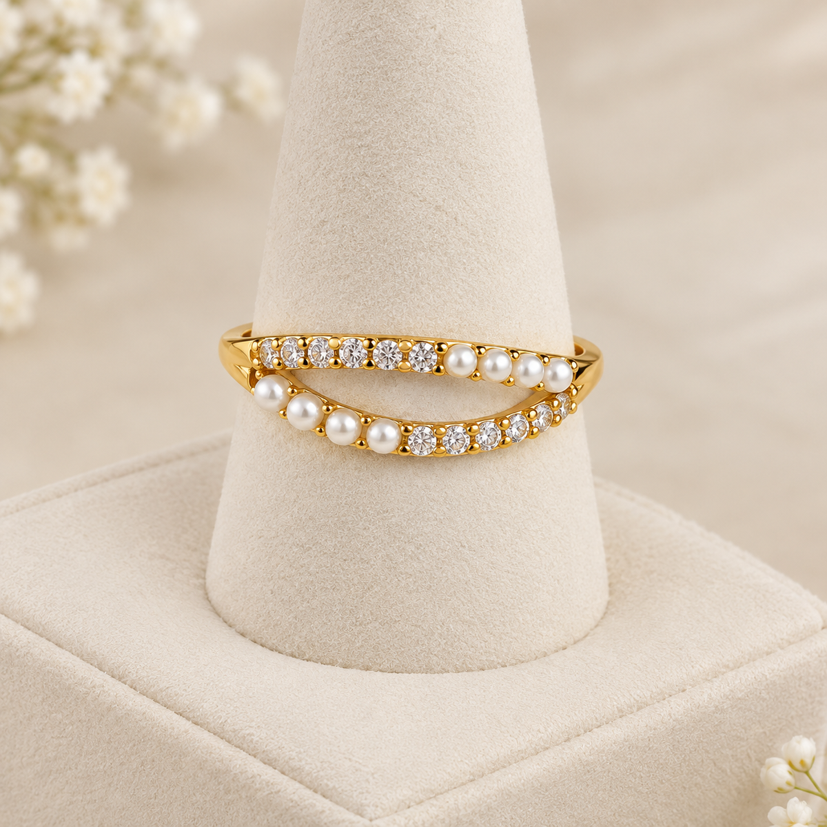 Double-Row Pearl & Crystal Ring